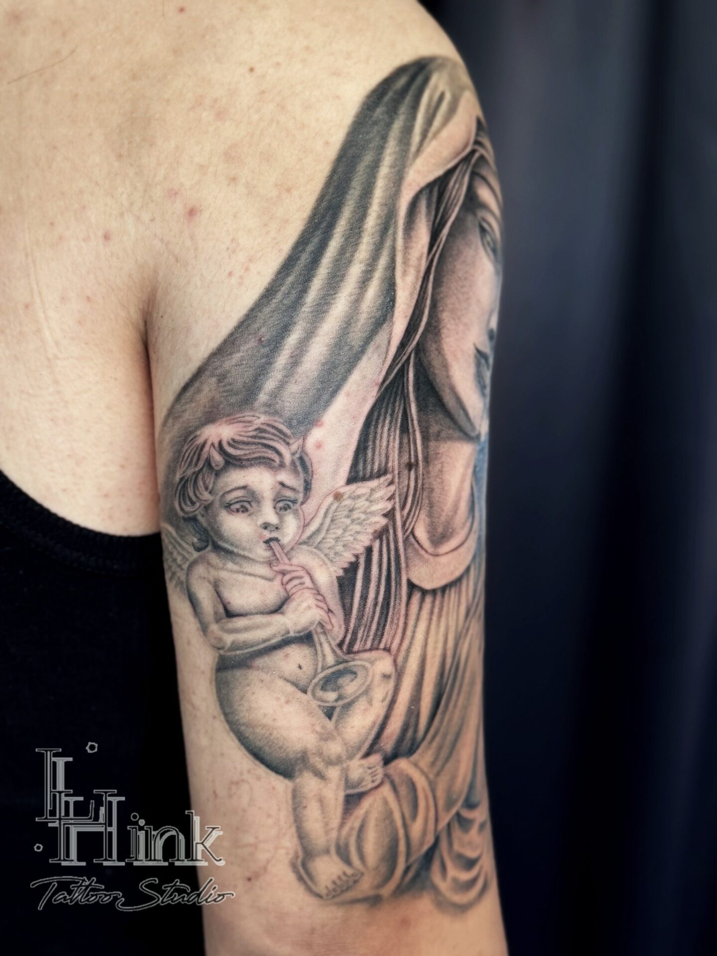 東京吉祥寺のタトゥースタジオLH ink Tattoo Studioで施術した Virgin Mary × Skull