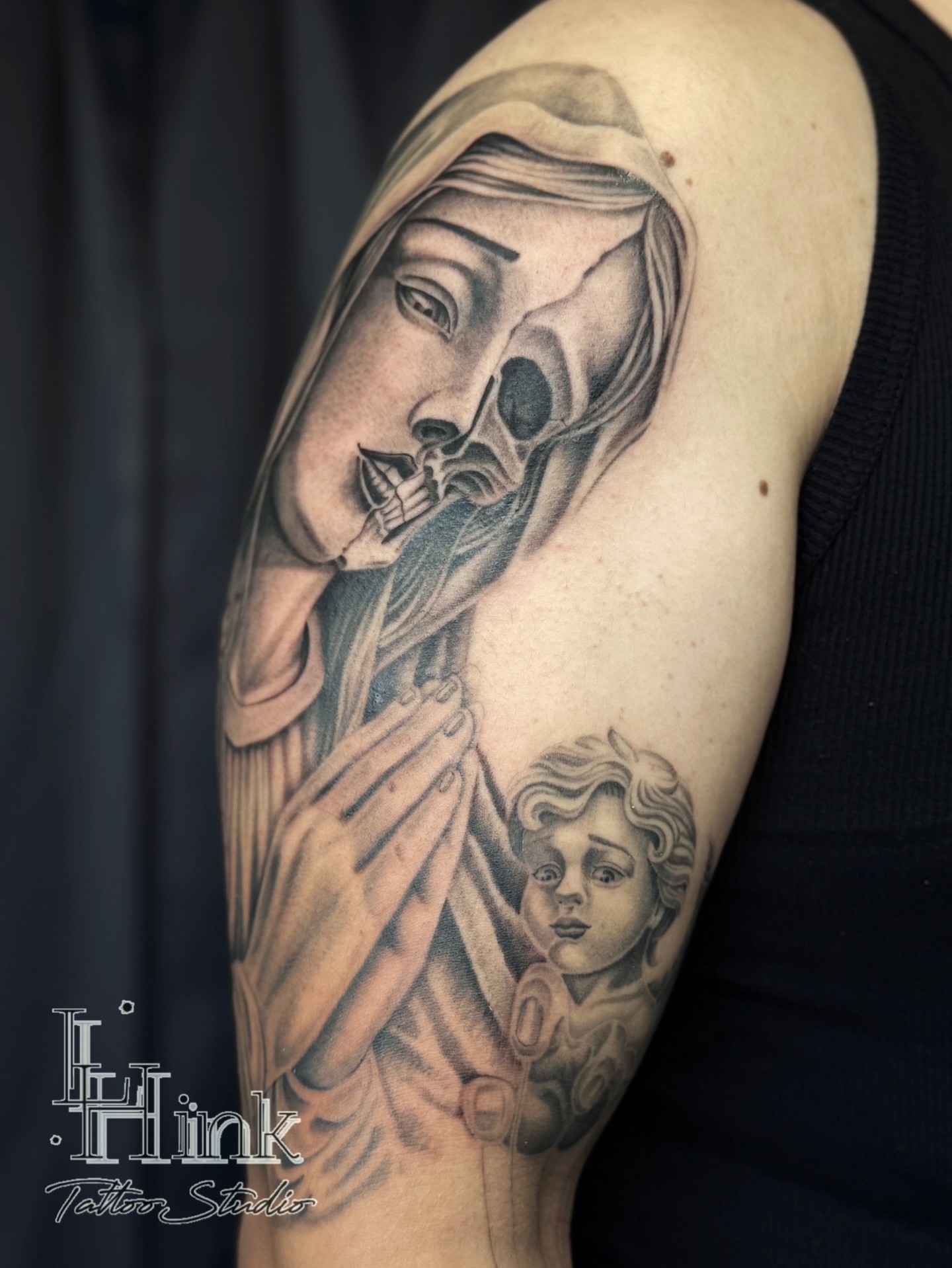 東京吉祥寺のタトゥースタジオLH ink Tattoo Studioで施術した Virgin Mary × Skull